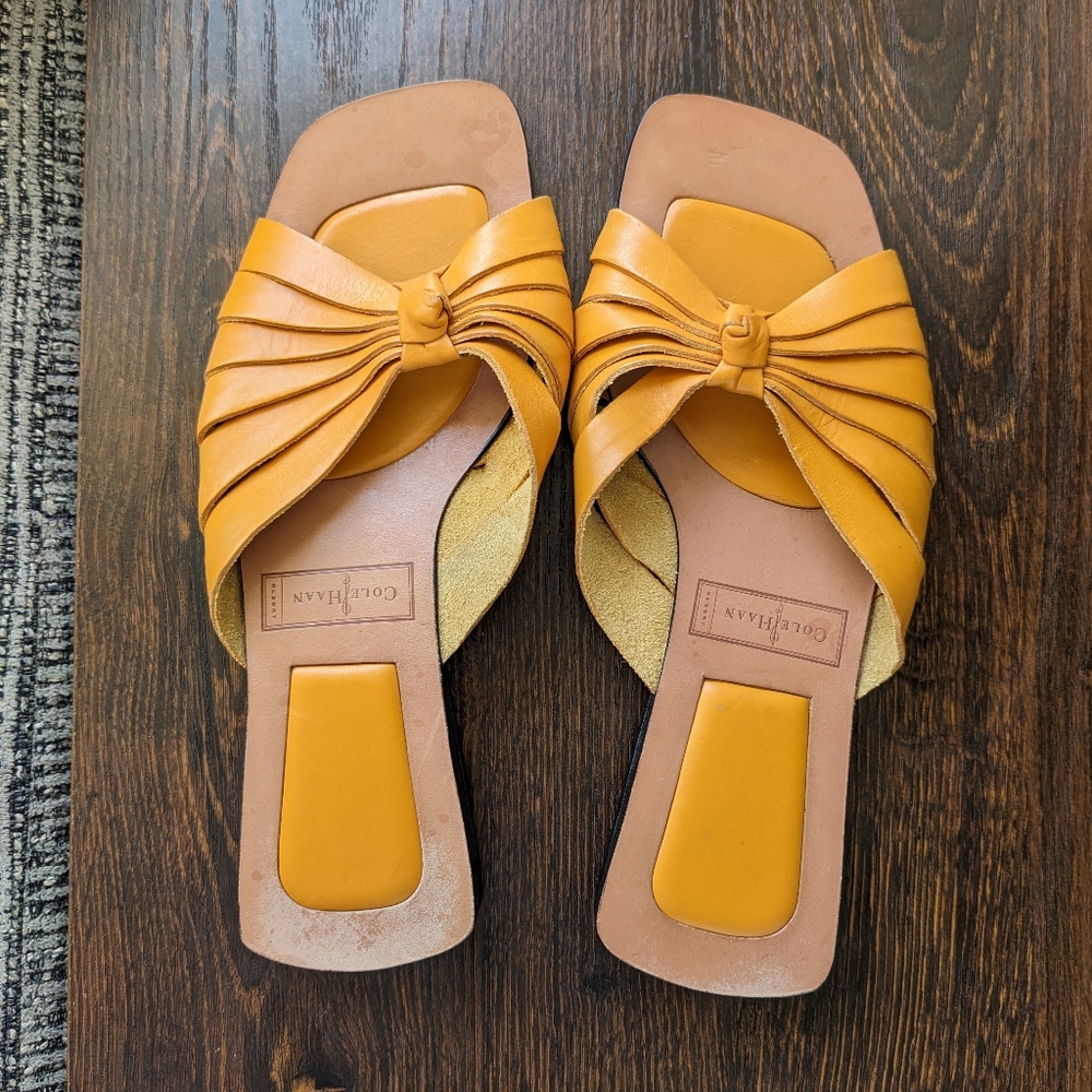 Cole Haan Yellow Leather Knot Square Open Toe Slide Flats Sandals